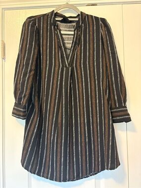 Sweet Wanderer Black Tunic with Brown and Cream Stripes and V-Neck